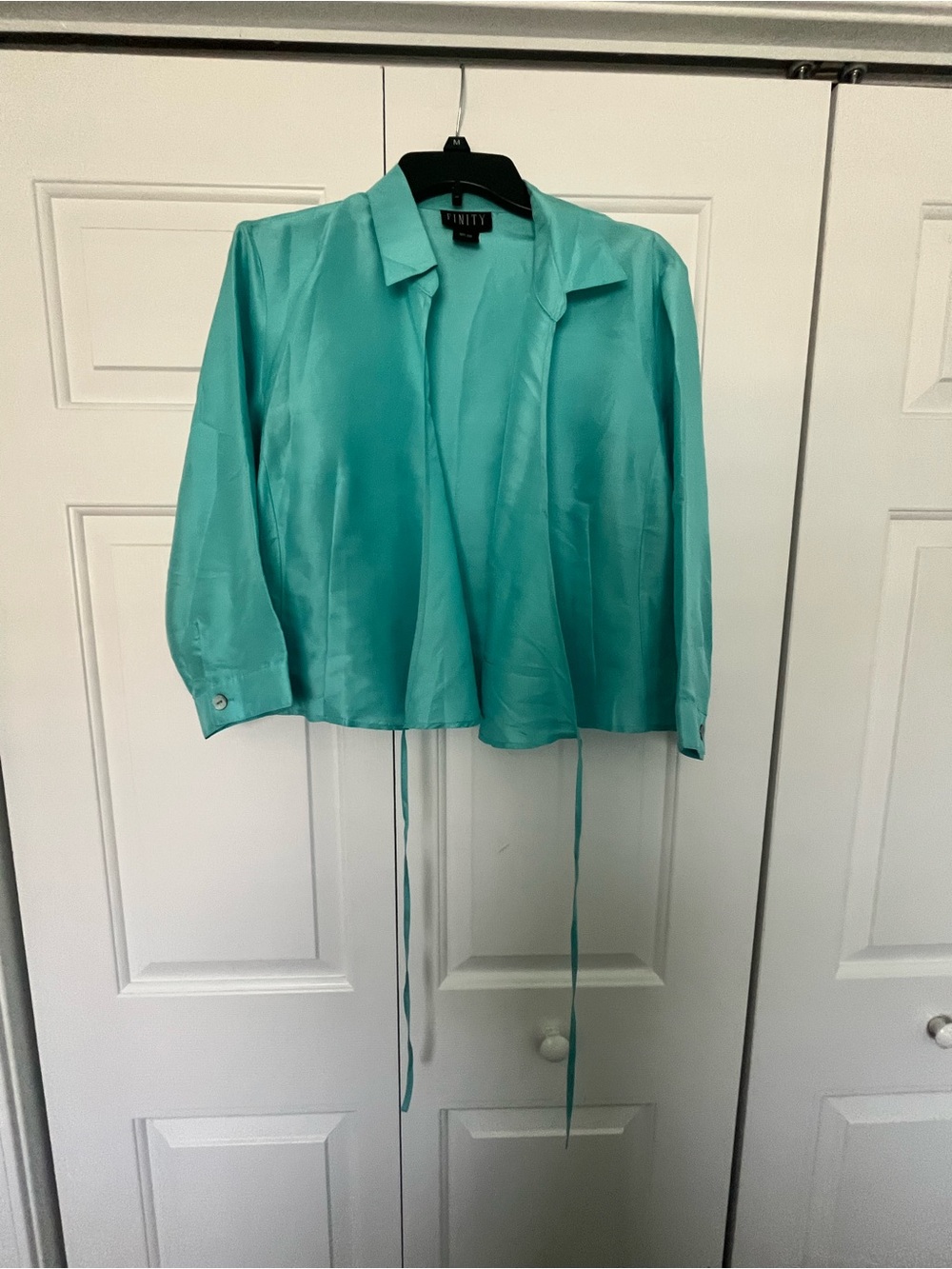 Finity Silk Turquoise Wrap-Front Blouse with Collar - Picture 6 of 6